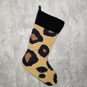 West Elm Leopard Beaded Wool Cotton Black Brown Christmas Stocking Holiday Decor